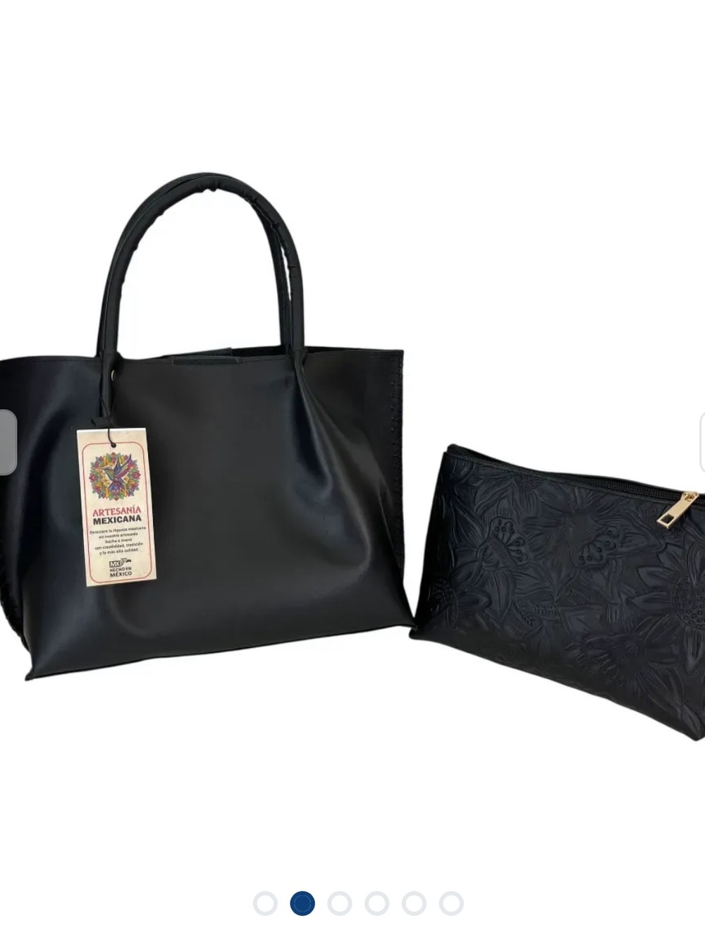 MEXICANA Leather Black Women's Tote with Handtooled Black leather Pouch - Picture 3 of 7